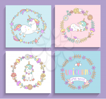 Set of magical unicorns cards with circle frames and lettering. Vector illustration for print, greeting cards and other your design.