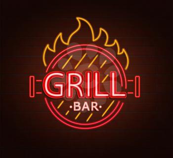 Neon sign of grill bar, bright signboard, light banner. Grill bar logo, emblem and symbol. Vector illustration.