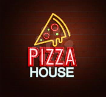 Neon sign of pizza house, bright signboard, light banner. Pizza house logo, emblem and symbol. Vector illustration.