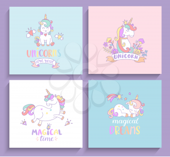 Set of magical unicorns greeting cards with lettering. Vector illustration for print and greeting cards, print.