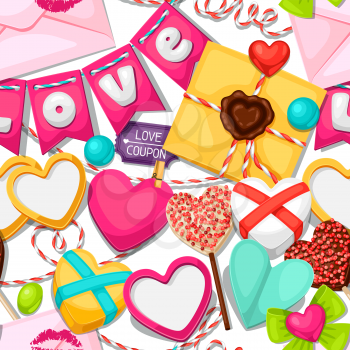 Seamless pattern with hearts, objects, decorations. Background can be used for Valentines Day and wedding.