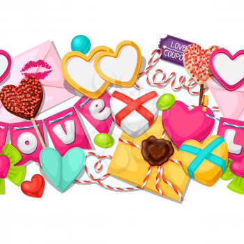 Seamless pattern with hearts, objects, decorations. Background can be used for Valentines Day and wedding.