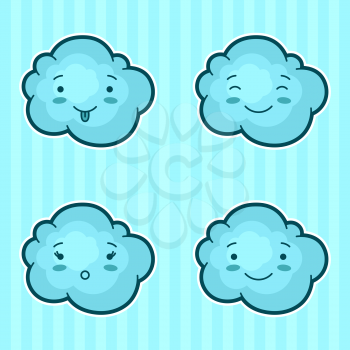 Set of kawaii clouds with different facial expressions.