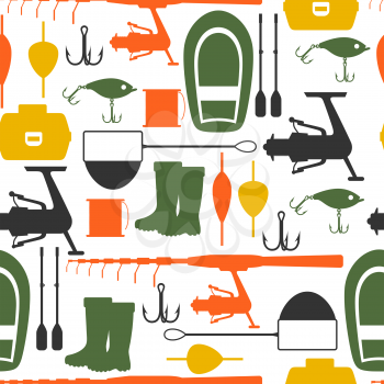 Seamless pattern with fishing supplies. Background made without clipping mask. Easy to use for backdrop, textile, wrapping paper.