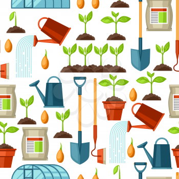 Seamless pattern with agriculture objects. Instruments for cultivation, plants seedling process, stage plant growth, fertilizers and greenhouse.