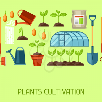 Seamless pattern with agriculture objects. Instruments for cultivation, plants seedling process, stage plant growth, fertilizers and greenhouse.