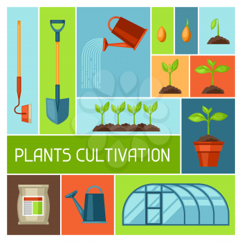 Background with agriculture objects. Instruments for cultivation, plants seedling process, stage plant growth, fertilizers and greenhouse.