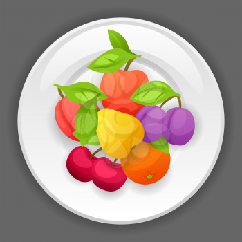 Background design with plate and stylized fresh ripe fruits.