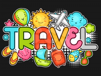 Cute travel background with kawaii doodles. Summer collection of cheerful cartoon characters sun, airplane, ship, balloon, suitcase and decorative objects.