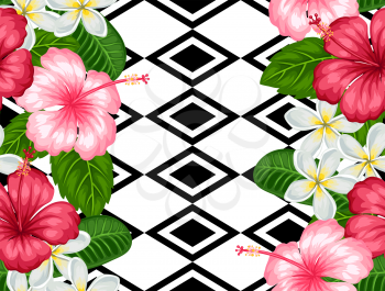 Seamless pattern with tropical flowers hibiscus and plumeria. Background made without clipping mask. Easy to use for backdrop, textile, wrapping paper.