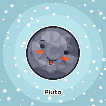 Kawaii space card. Doodle with pretty facial expression. Illustration of cartoon pluto in starry sky.