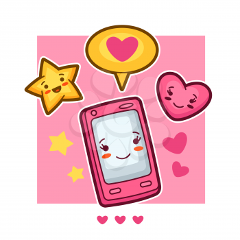 Kawaii mobile phone lovely card. Doodles with pretty facial expression.
