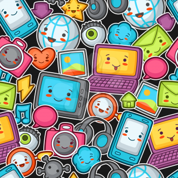 Kawaii gadgets social network seamless pattern. Doodles with pretty facial expression. Illustration of phone, tablet, globe, camera, laptop, headphones and other.
