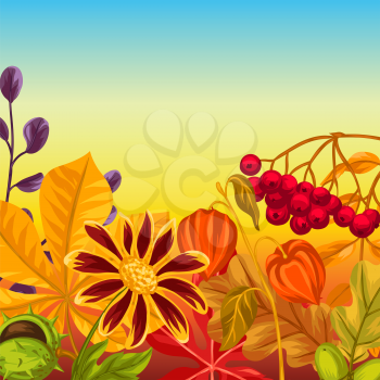 Background with autumn leaves and plants. Design for advertising booklets, banners, flayers, cards.