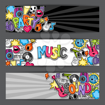 Music party kawaii banners. Musical instruments, symbols and objects in cartoon style.