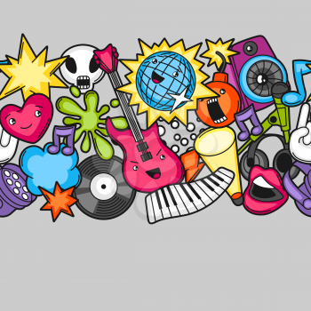 Music party kawaii seamless pattern. Musical instruments, symbols and objects in cartoon style.