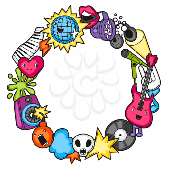 Music party kawaii frame. Musical instruments, symbols and objects in cartoon style.