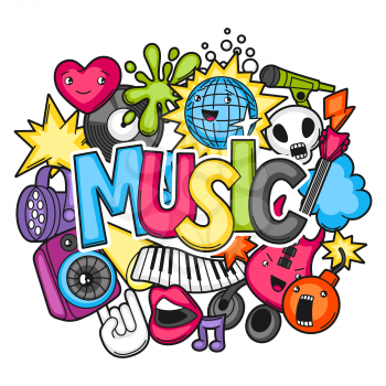 Music party kawaii design. Musical instruments, symbols and objects in cartoon style.