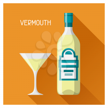 Bottle and glass of vermouth in flat design style.
