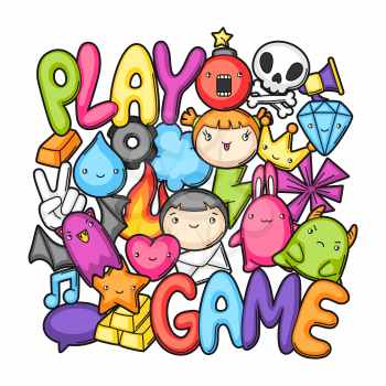 Game kawaii print. Cute gaming design elements, objects and symbols.