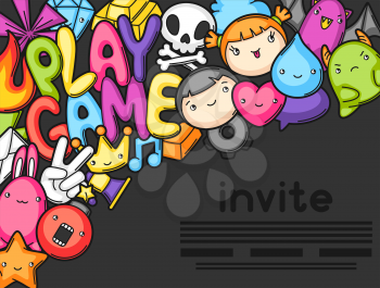 Game kawaii invite. Cute gaming design elements, objects and symbols.