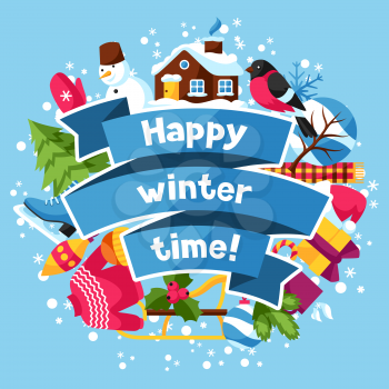 Happy winter time background. Merry Christmas, New Year holiday items and symbols.