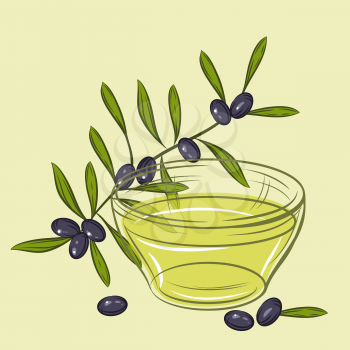 Illustration with black olives and cup of oil.