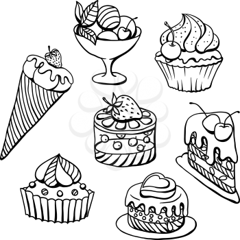 Vector set of cakes in black. Hand drawn illustration.