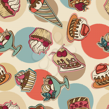 Vector background with cake in retro style. Seamless pattern.