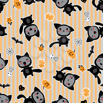 Vector kawaii background of Halloween-related objects and creatures.