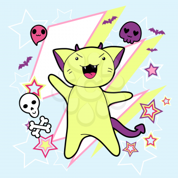 Vector kawaii illustration Halloween cat and creatures.