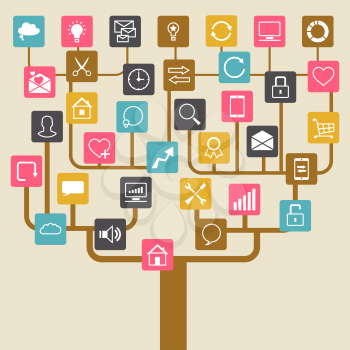 Social network tree background of SEO internet icons.