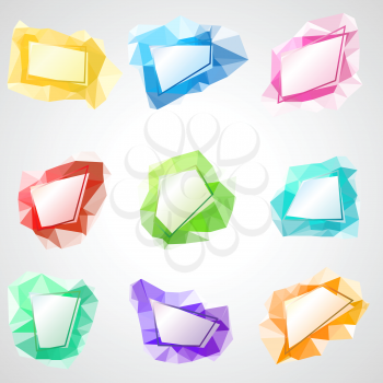 Multicolored speech bubbles with abstract triangular background.