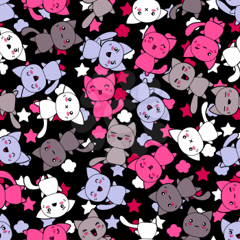 Seamless pattern with cute kawaii doodle cats.