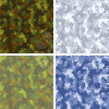 Seamless stylized camouflage patterns with hexagons.