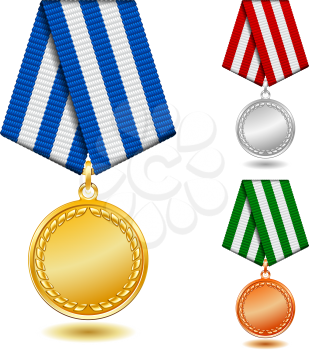 Gold, silver and bronze medals on patterned color ribbon.