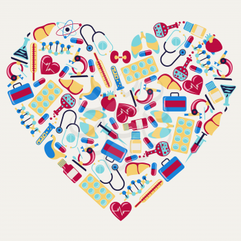 Medical and health care icons in the shape of heart.