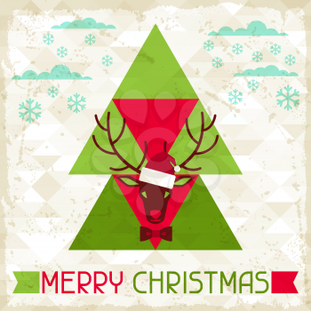 Merry Christmas background with deer in hipster style.