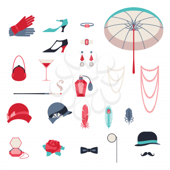 Retro personal accessories, icons and objects of 1920s style.