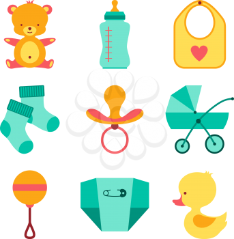 Newborn baby stuff icons set.