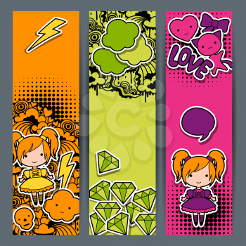 Vertical banners with sticker kawaii doodles.