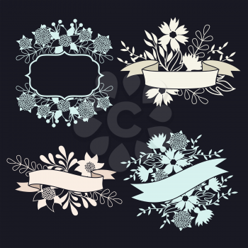 Set of design elements with ribbons, labels and flowers.