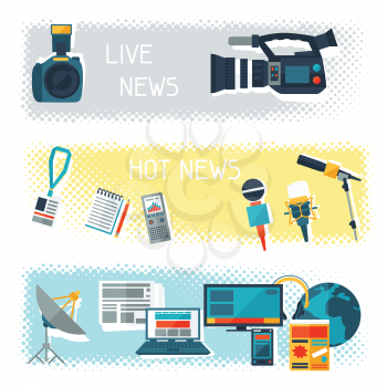 Banners with journalism icons. Mass media and press conference concept symbols in flat style.