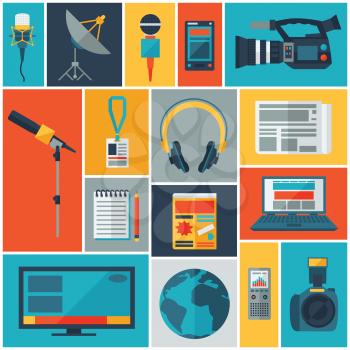 Background with journalism icons. Mass media and press conference concept symbols in flat style.