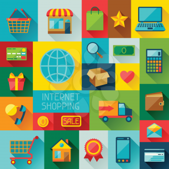 Background with internet shopping icons in flat design style.