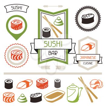 Badges and labels set with various sushi. Japanese traditional cuisine illustration.