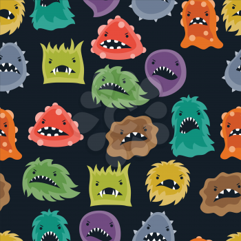 Seamless pattern with little angry viruses, microbes and monsters.