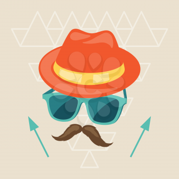 Design with hat, glasses and mustache in hipster style.