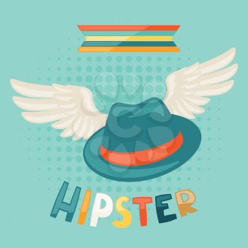 Design with hat and wings in hipster style.
