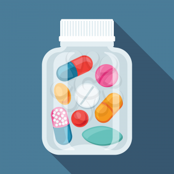 Medical background with pills and capsules in bottle.